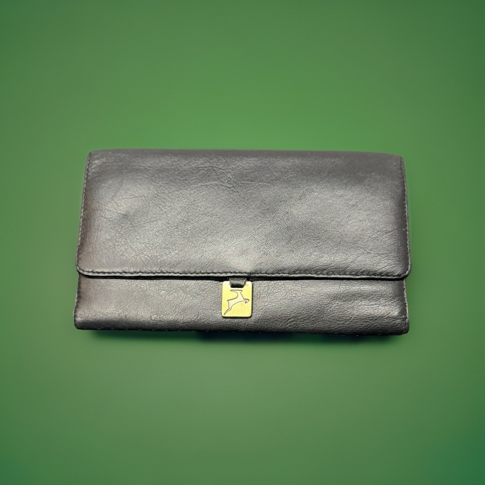 Vintage Black Genuine Leather‎ Checkbook Wallet Organizer Clutch Snap Closure